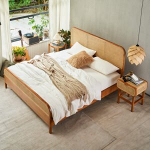 japanese style solid wood rattan woven large bed