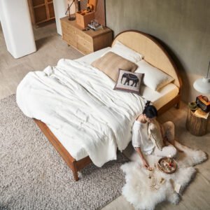 wabi sabi style rattan woven ash wood solid wood bed