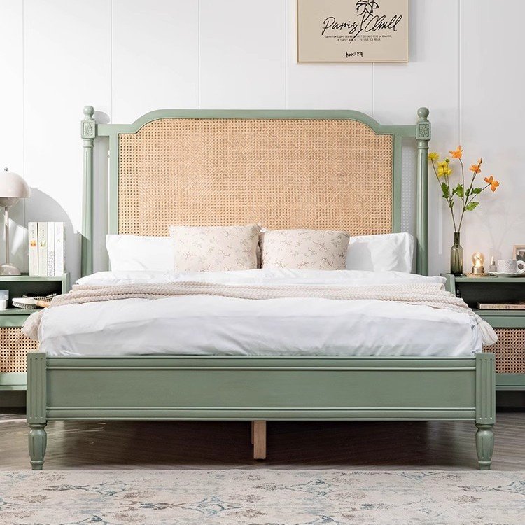 nordic cream style solid wood rattan bed nordic cream style solid wood rattan bed