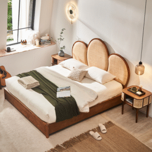 wabi sabi style rattan woven solid wood bed