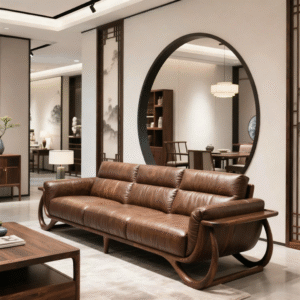 new chinese style full solid north american black walnut & genuine leather sofa