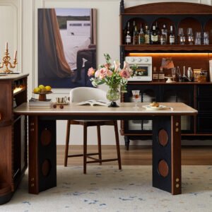 mid‑century style travertine stone slab dining table and chair set