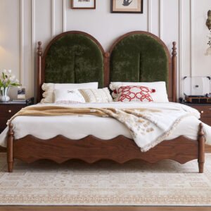 french retro solid wood bed with fabric upholstery