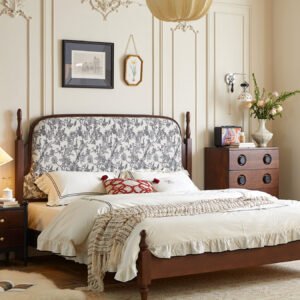 french retro solid wood bed with fabric upholstery