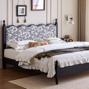 mid century vintage solid wood upholstered bed