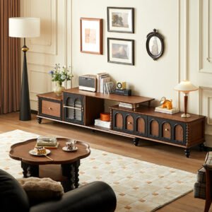 mid century solid wood extendable floor tv stand