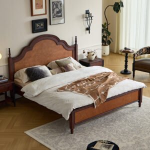 mid century vintage 1.8m double solid wood bed with burl wood grain